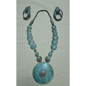 Artisan Copper Verdigris Medallion Necklace & Earrings Vtg Statement Jewelry Set